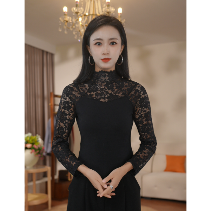 2025上新款女装蕾丝知性花纹长袖高领打底衫网红时尚2617