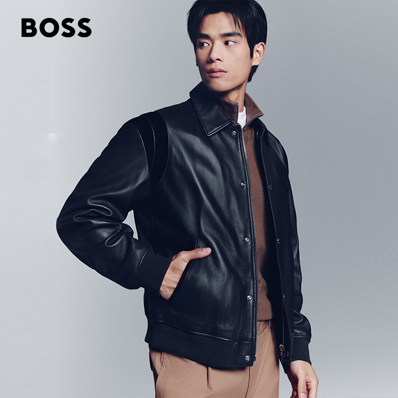 【保时捷联名】BOSS博斯男士25年秋季新款撞色细节皮衣夹克50543223