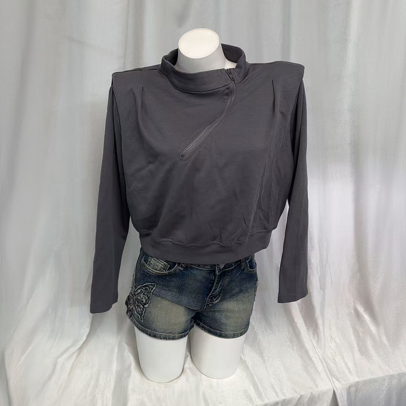 时尚短款长袖立领拉链韩版卫衣女春季百搭纯色设计感上衣