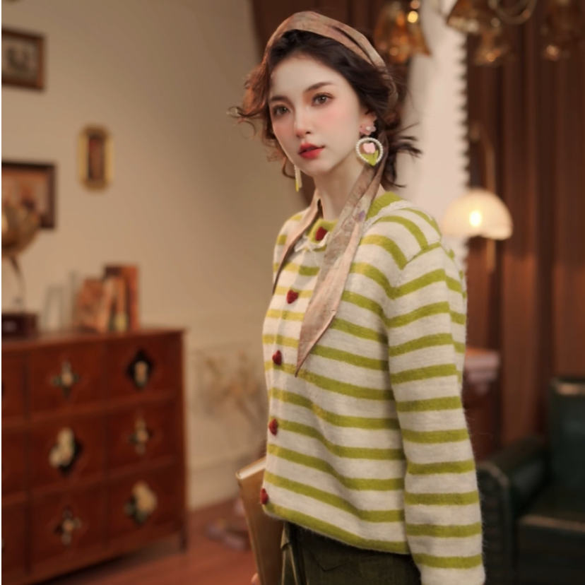 敏恩【秋收麦浪】港风复古套头针织宽松百搭条纹毛衣WO6347331