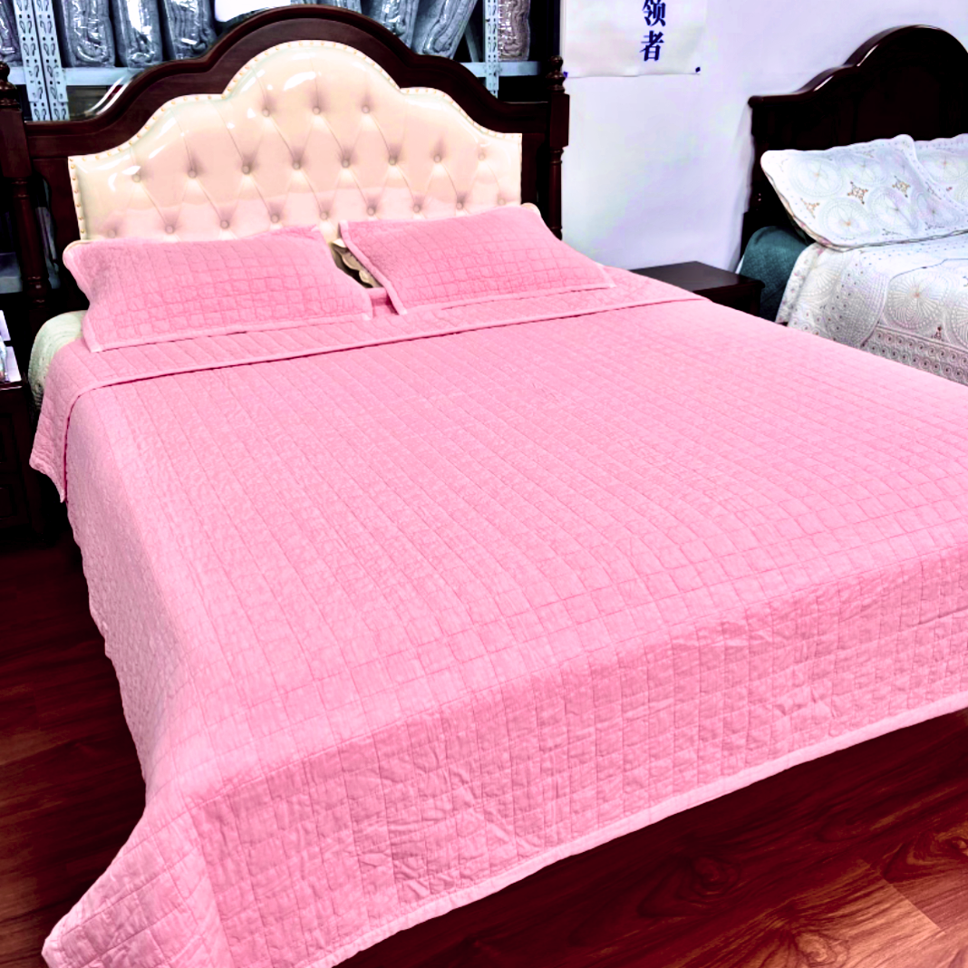高端纯棉纯色床盖 桃枝木200*240绗缝简约风法式格纹厚款床盖
