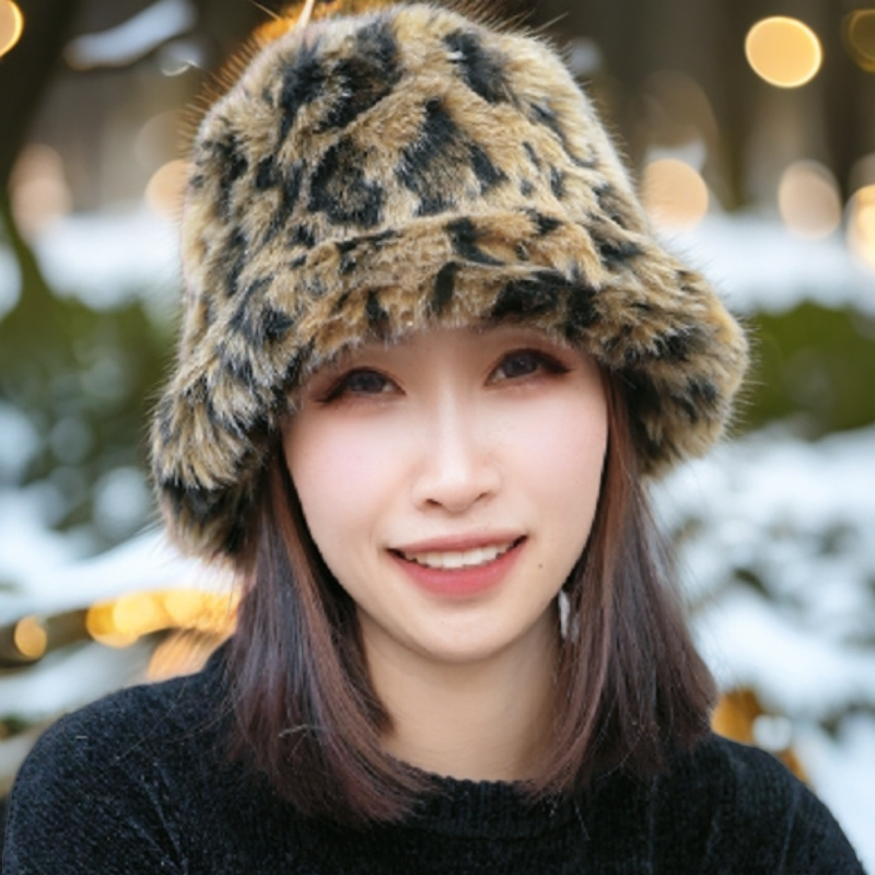 4冬季新遮白发软糯仿貂毛豹纹网感渔夫帽时尚保暖防寒百搭显脸小