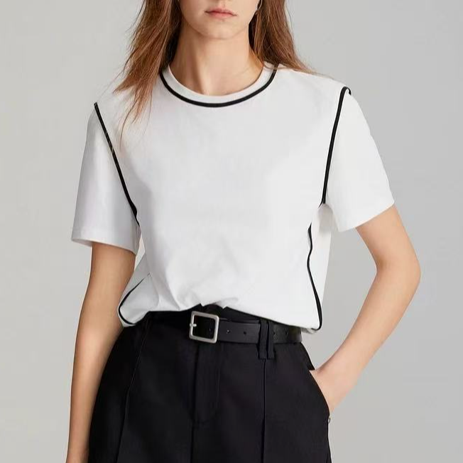 2025新款女白色线条感正肩圆领短袖T恤百搭时尚经典