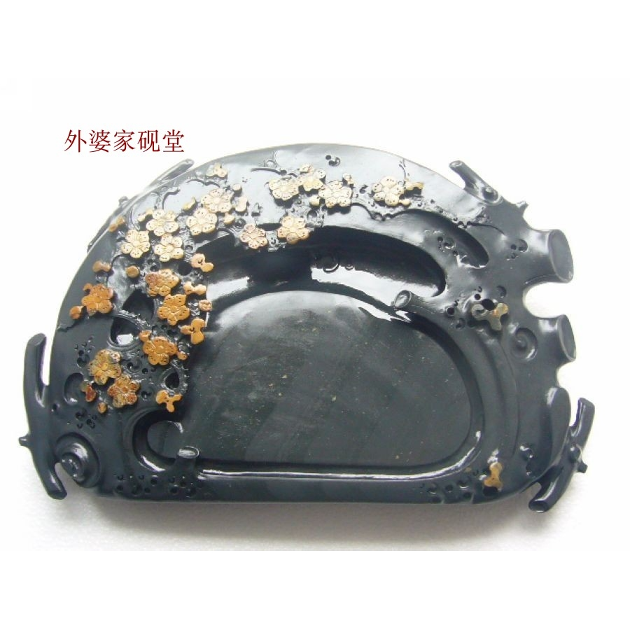 自产自销老坑玉带金星金花石料歙砚台手工雕刻梅花桩砚送老徽墨条