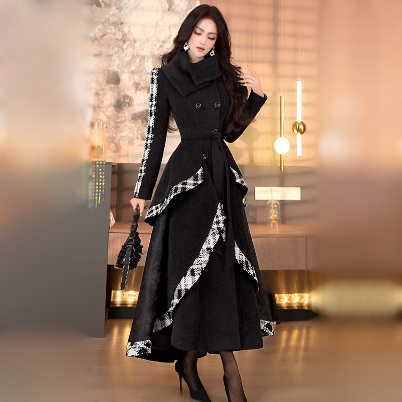 冬季重工格纹珠片大衣2025新款原创设计小众保暖中长款呢子外套