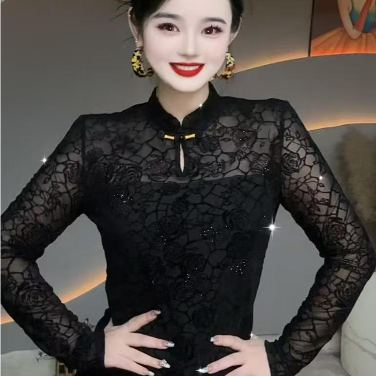 新中式国风玫瑰植绒烫钻爆款洋气打底衫女