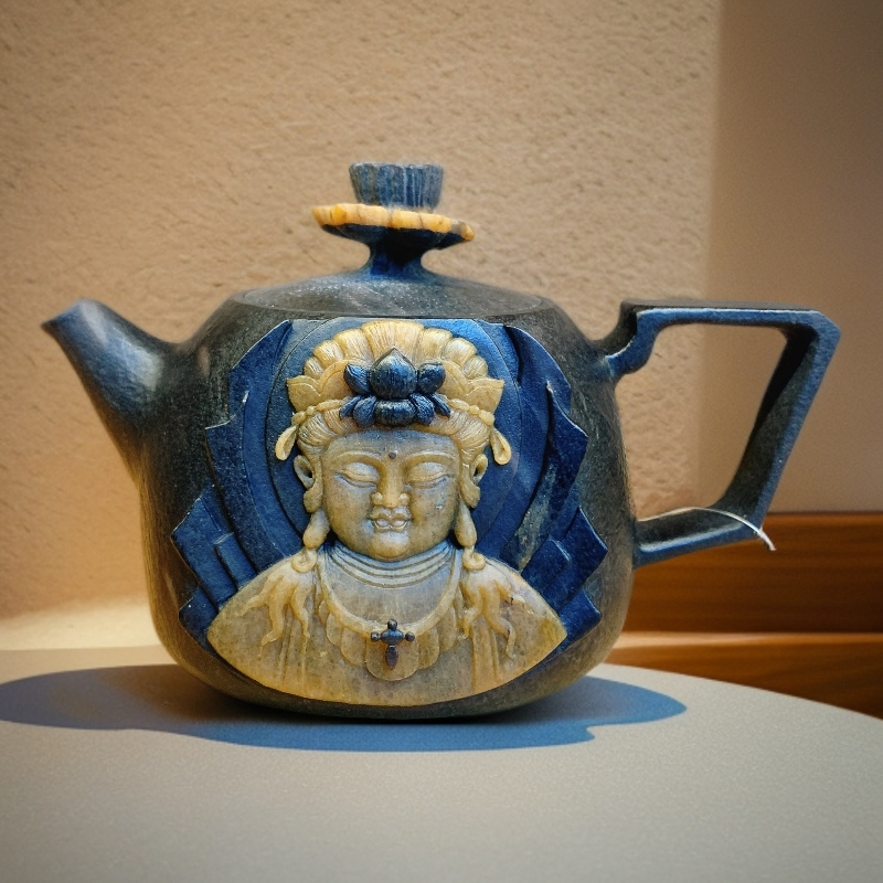 【莲花观音】230cc天然冰碛岩冰晶料特色手工精雕石壶高档家用茶壶