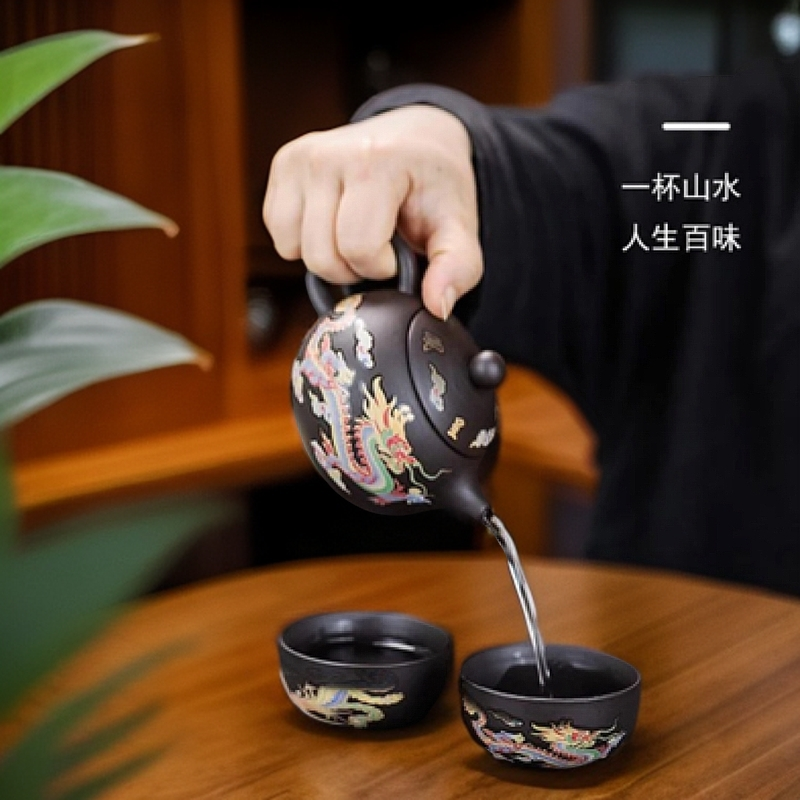 高端茶具龙凤变色紫砂壶一壶两杯
