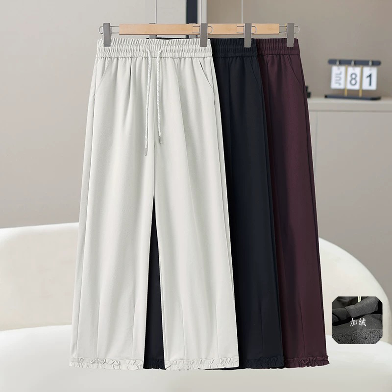 5165蕾丝花边休闲裤秋冬款薄绒抽绳直筒女小个子垂感高腰阔腿裤