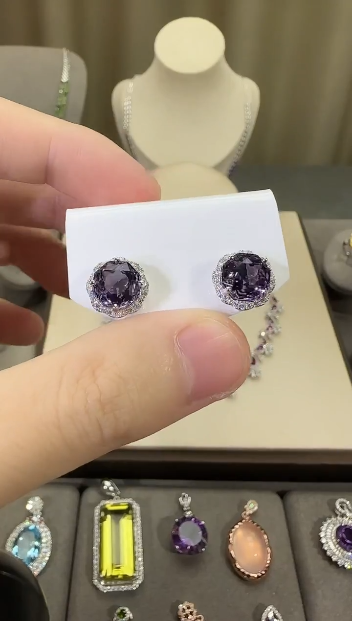银S925镶嵌耳饰紫晶12mm耳钉玫瑰款