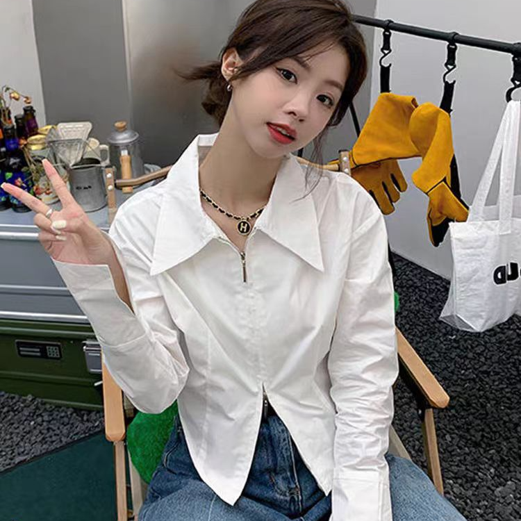 短款长袖法式纯欲短款打底衬衫复古显瘦宽松百搭气质