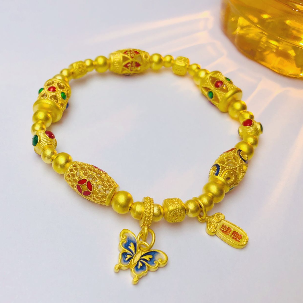 足银手链 【一梦江湖】蝴蝶手串平安蝴蝶转运珠哑光高温烧蓝珐琅彩