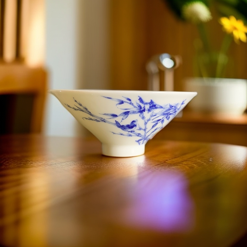 景德镇九段烧妙手青花青花双雀斗笠杯茶杯品茗杯家用茶具陶瓷