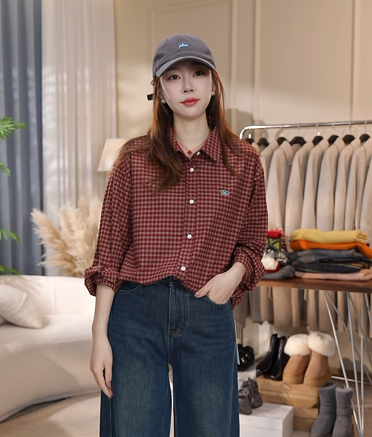 【沐禾】2025格子宽松型长袖刺绣格纹衬衫小众设计感韩版港味