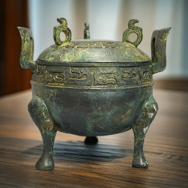 青铜器摆件缠纹圆鼎家居装饰摆件红斑绿锈复古创意收藏佳品