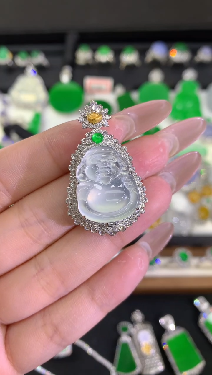 【闪购商品】翡翠吊坠(不含链)18K金镶嵌财神爷吊坠