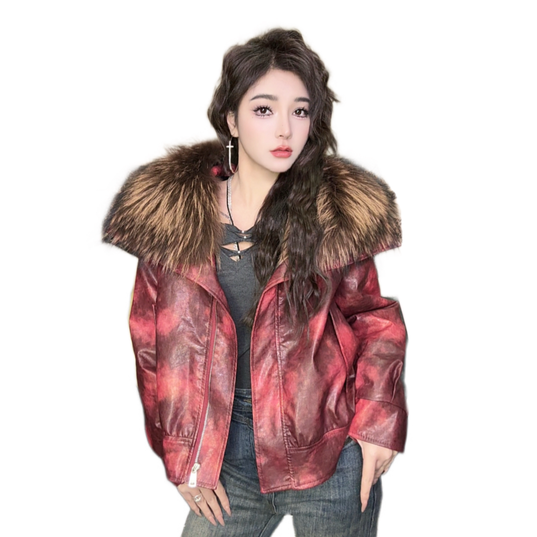 8516红色晕染工艺毛领可拆常规款宽松型女厚款直下摆短外套时尚