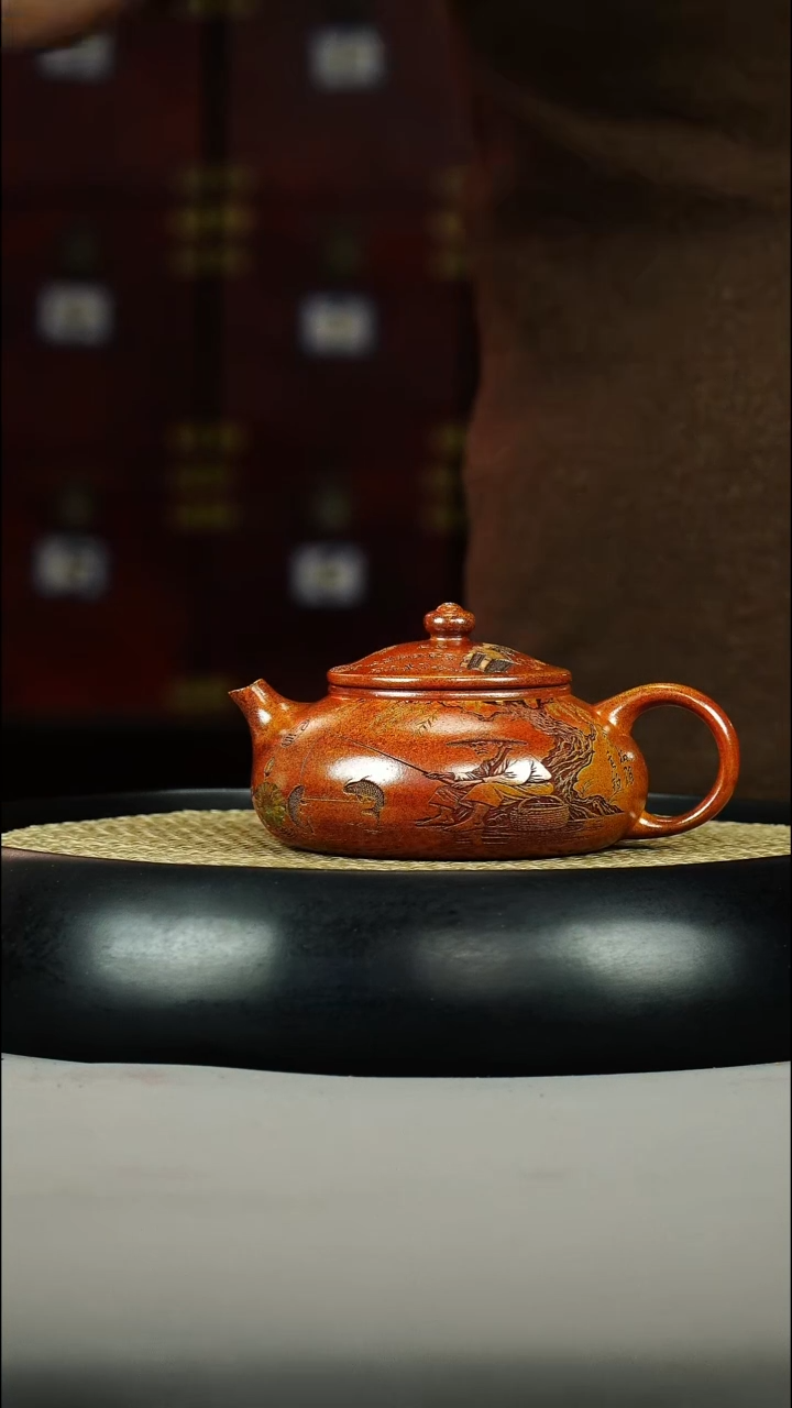 茶壶紫砂赤焰烧 寒江 彩刻 五牛图