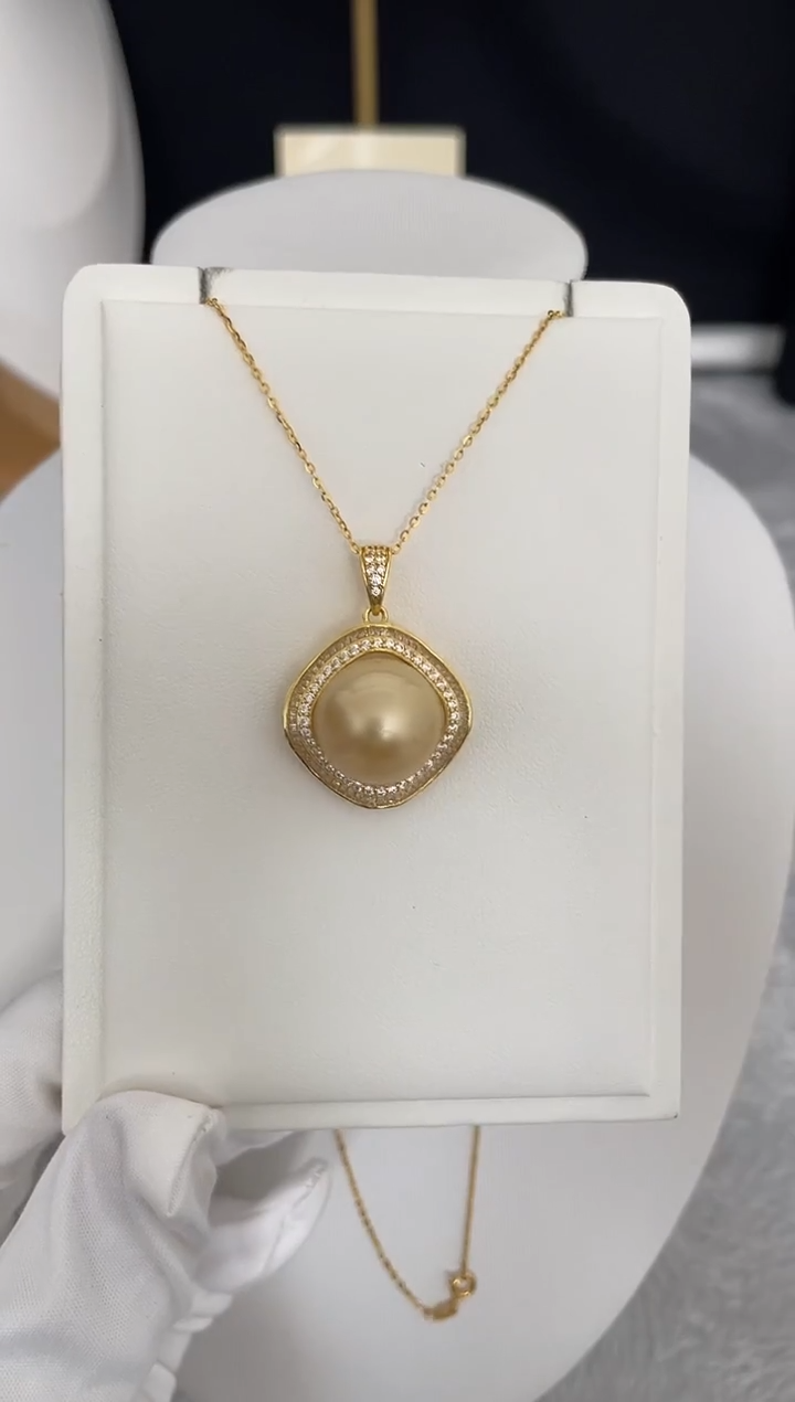 银S925镶嵌吊坠(赠链)海水珍珠南洋金珠方形款15-16mm