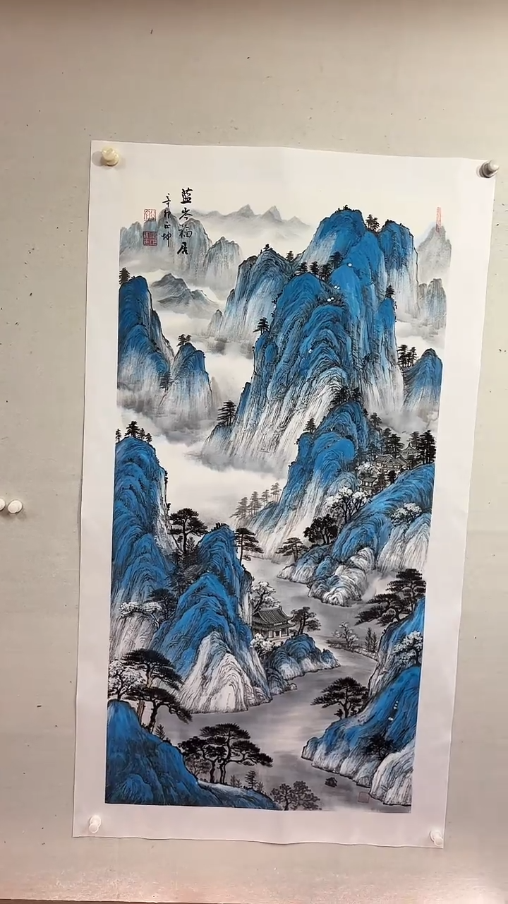 国画蓝岑福居/4尺托底/谭正坤