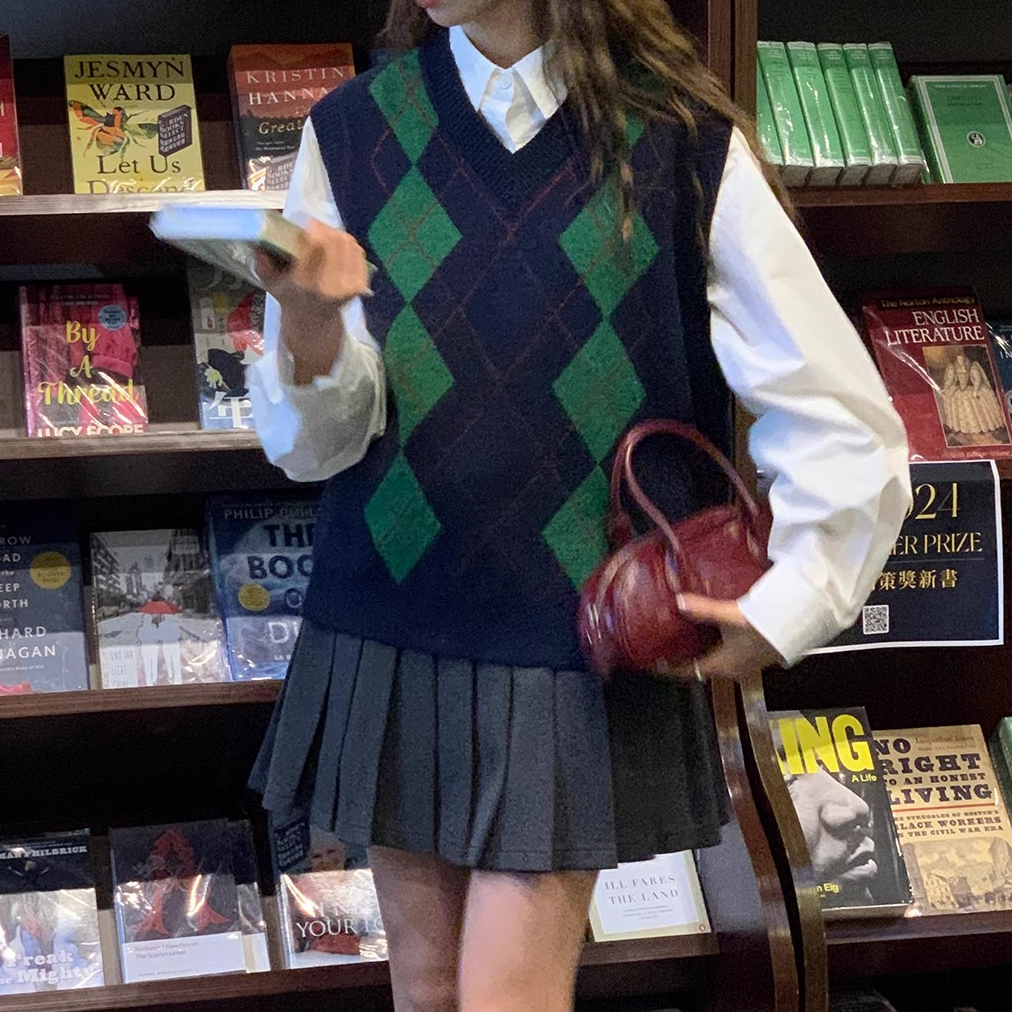 学院风百搭舒适菱格背心春秋女百搭毛针织衫叠穿v领毛衣