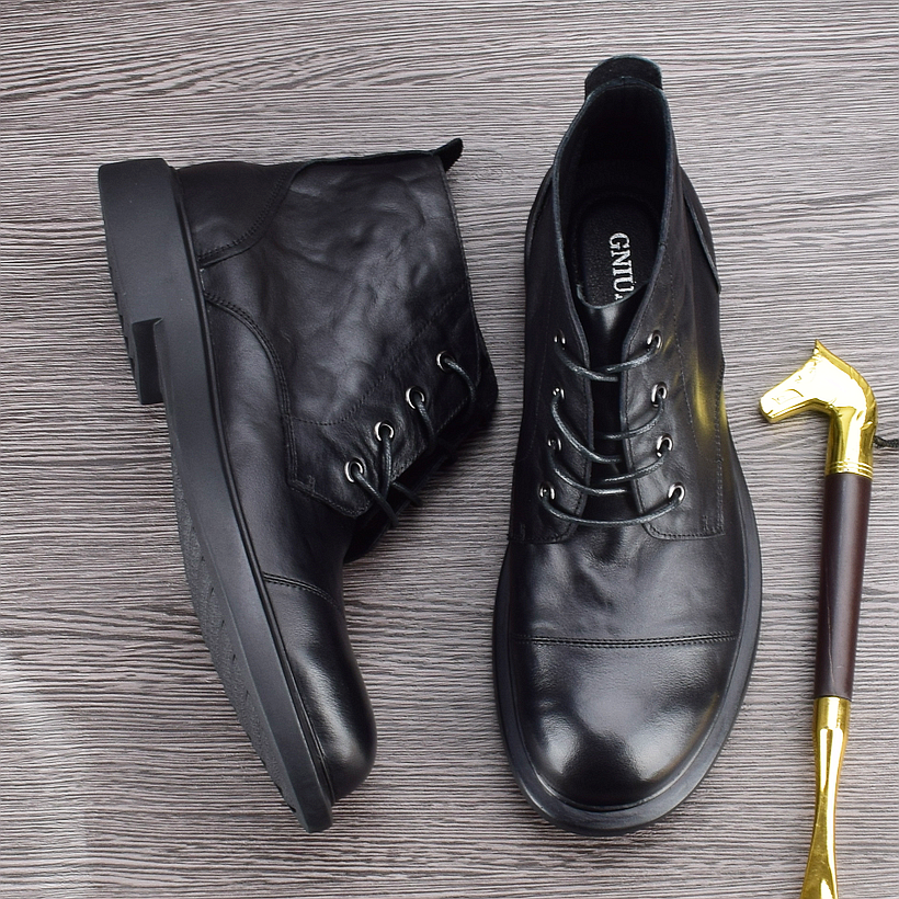 头层牛皮马丁靴男款真皮秋季中帮英伦高帮皮鞋系带短靴黑色皮靴子