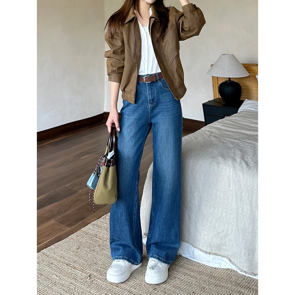 四面弹牛仔裤女新款宽松显瘦直筒牛仔阔腿裤671007