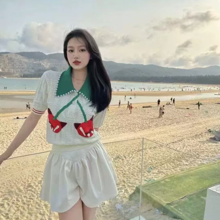 【衣长57】2025夏新款撞色娃娃领樱桃短袖针织衫女上衣5153【8】