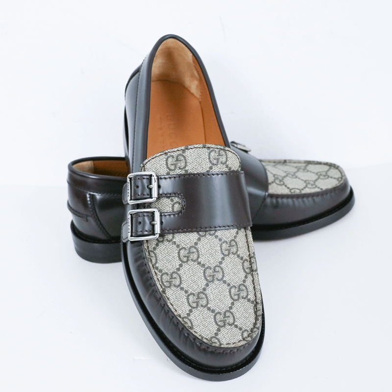 未使用 GUCCI/古驰 休闲经典舒适百搭方扣老花满印咖色乐福鞋