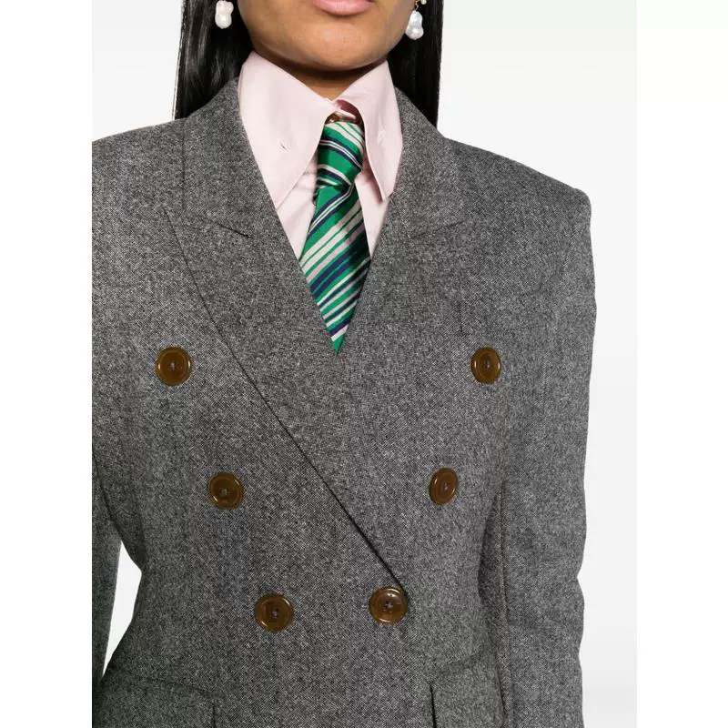 古着时尚经典条纹戗驳领双排扣灰色休格纹混纺西装