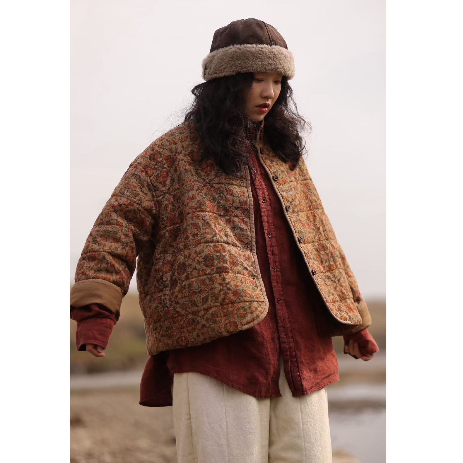 衣介分享 古蘭木 系列 原创 复古 立领 花色 亚麻  棉衣 7400