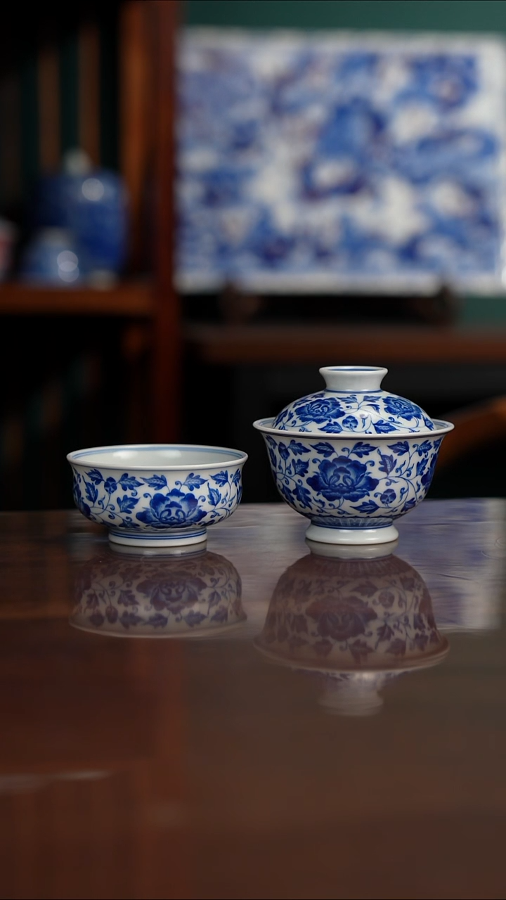 柴窑青花缠枝牡丹 一套