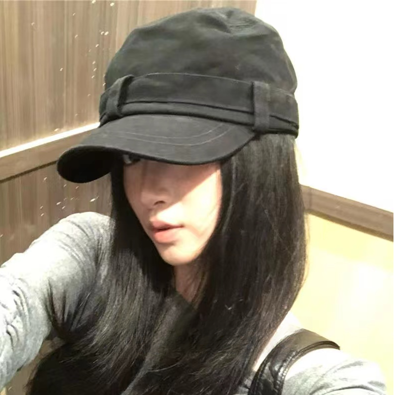韩系春夏黑色鸭舌帽女复古做旧铆钉平顶帽女画家帽百搭大头韩版