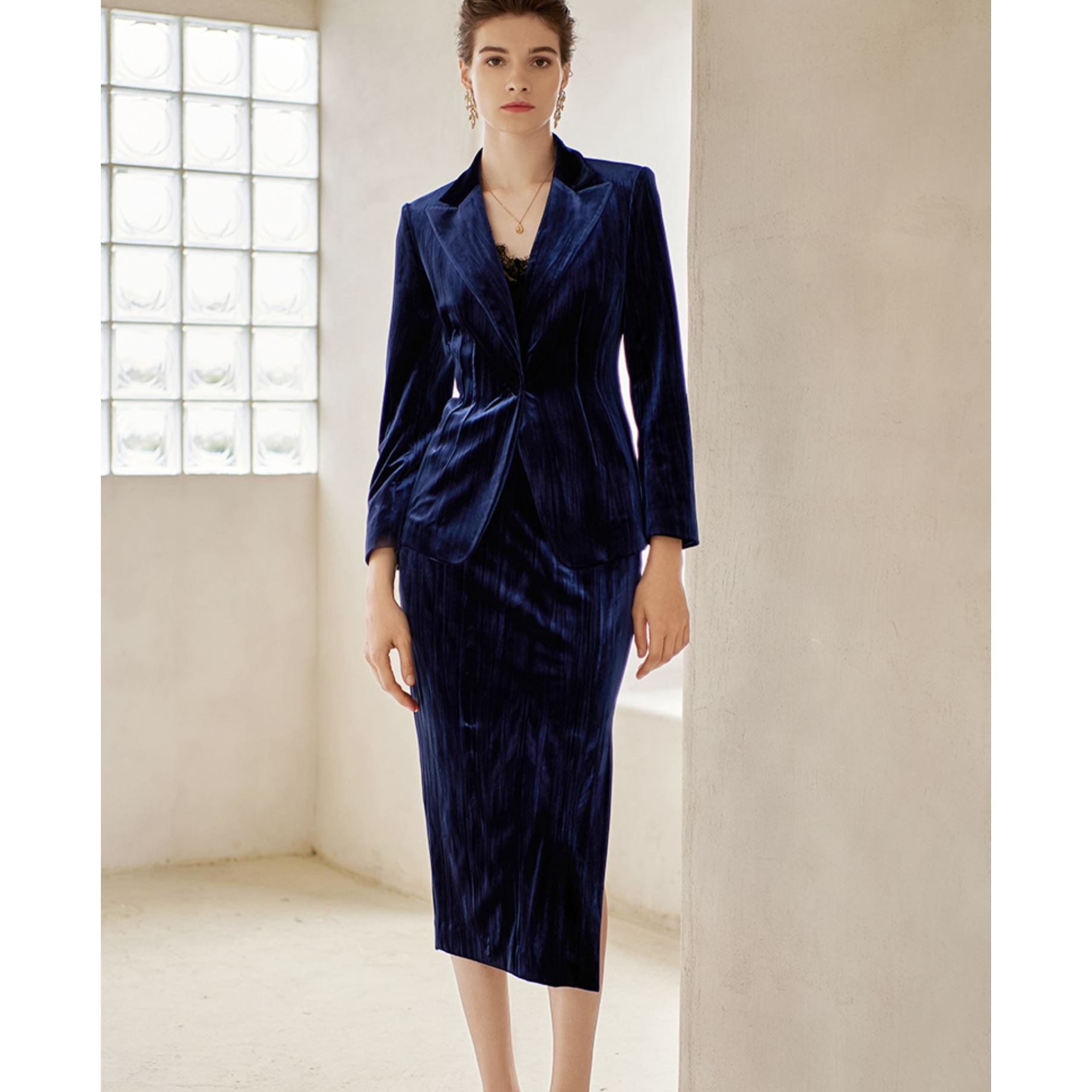 204014高端大牌金丝绒西服套装女洋气春秋名媛气质时尚西装套裙S