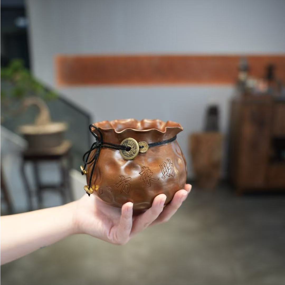 宽窄.紫铜做旧大展宏图铜钱建水水盂茶道配件