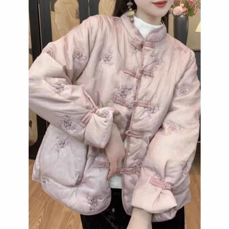 新中式棉衣女洋气百搭时尚网红复古加厚中国风立领冬季绣花