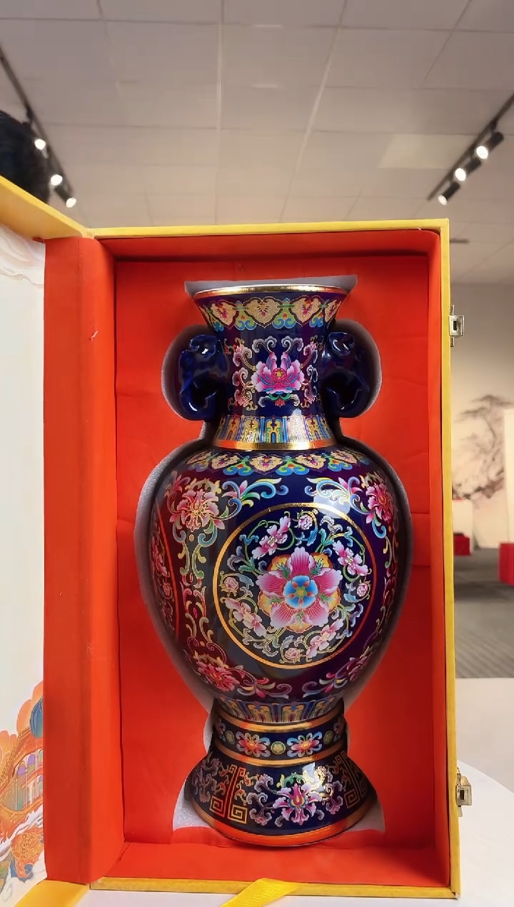摆件陶瓷景泰蓝太平有象双耳尊（礼盒装）