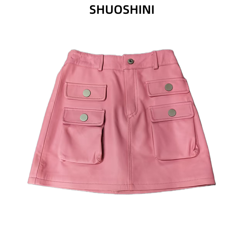 真皮绵羊皮网红春季高腰百褶皮裙女装秋冬A字半身裙女士时尚百搭L