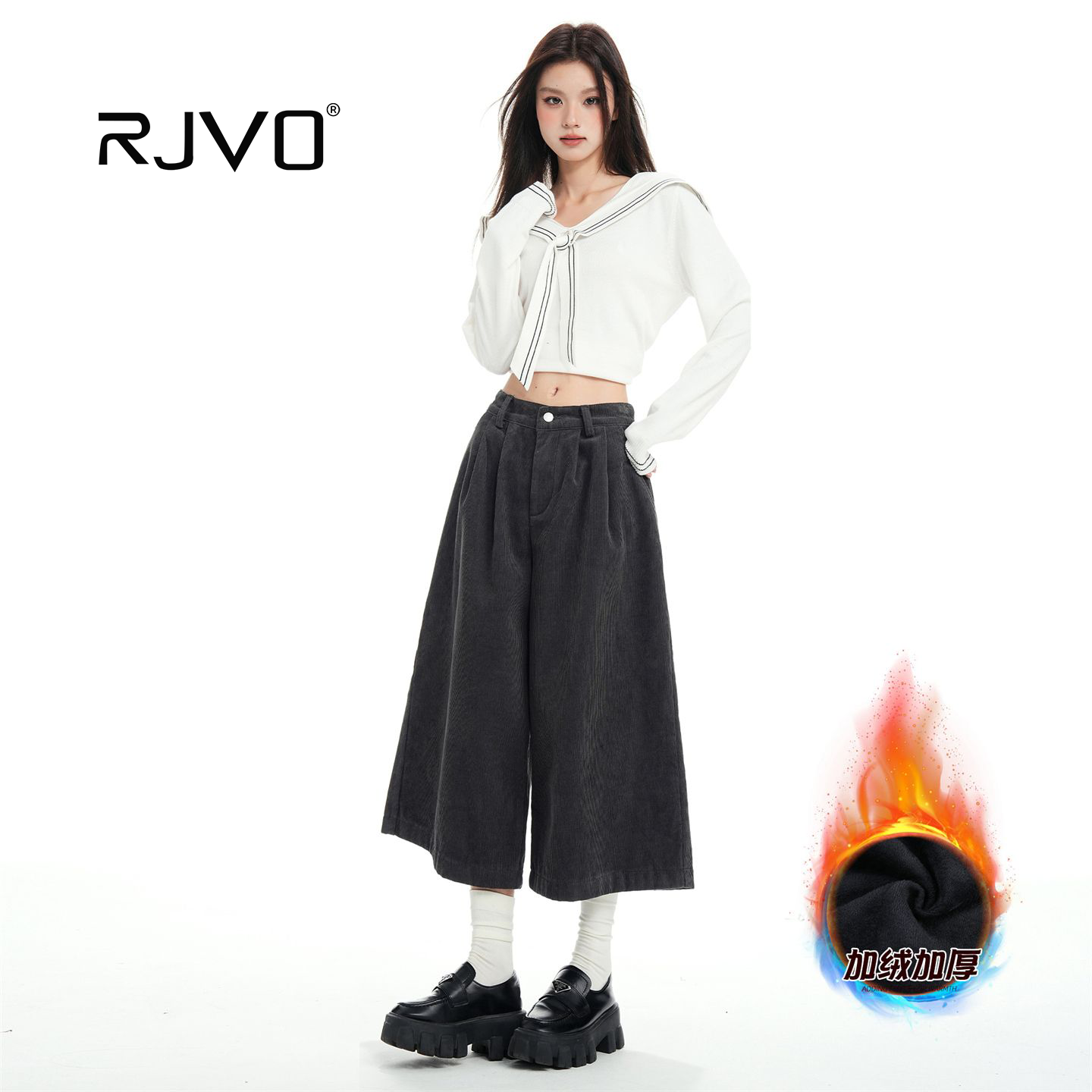 RJVO新款灯芯绒加绒加厚八分阔腿裤女高腰保暖显瘦休闲裤