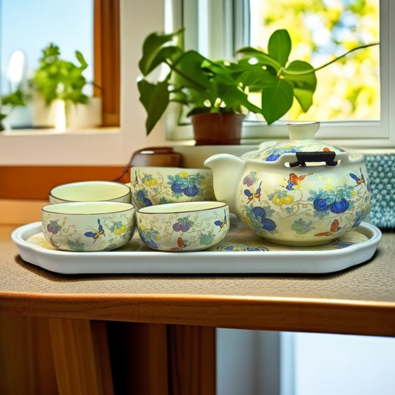 硕果累累福蝶一壶四杯旅行茶具带盘