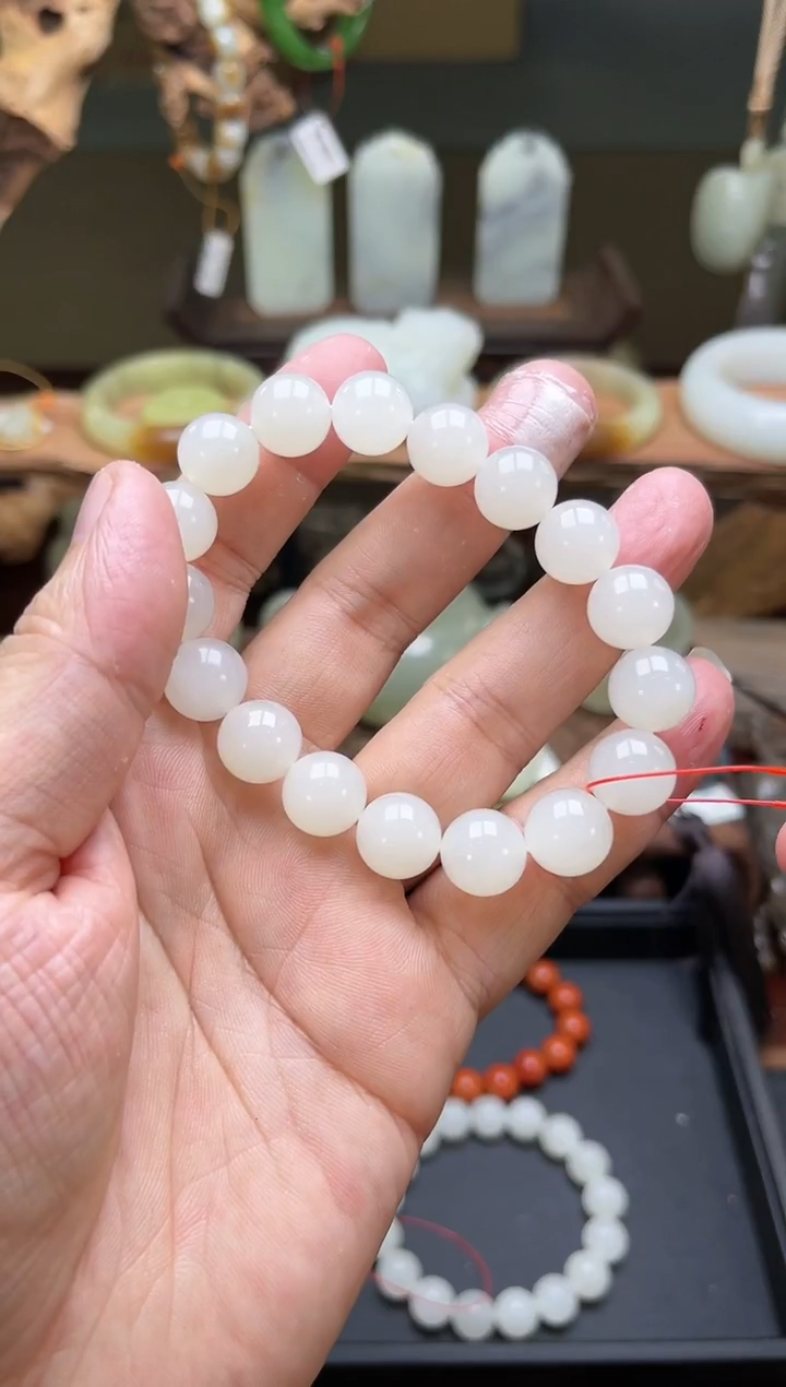 【闪购商品】和田玉手串未镶嵌卡12青海白玉圆珠A9002369