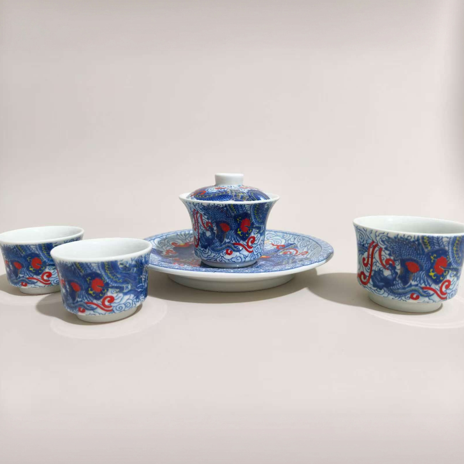 w1683釉下彩青花釉里红腾龙茶具套装