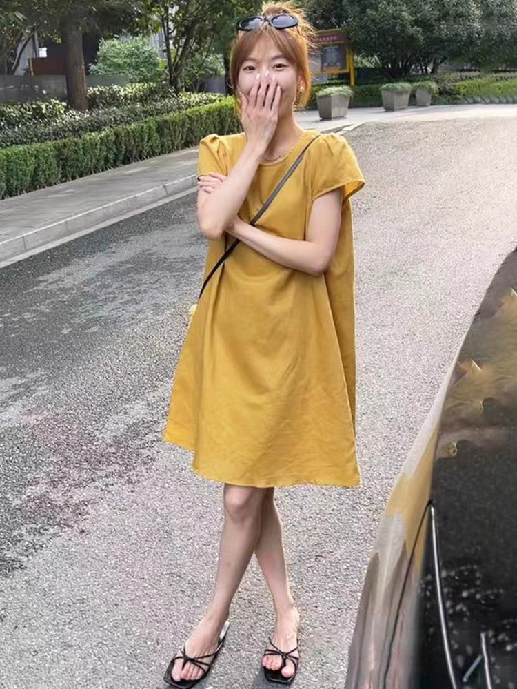 8313夏款2025小飞袖圆领连衣裙女简约棉麻A字裙子休闲韩版宽松