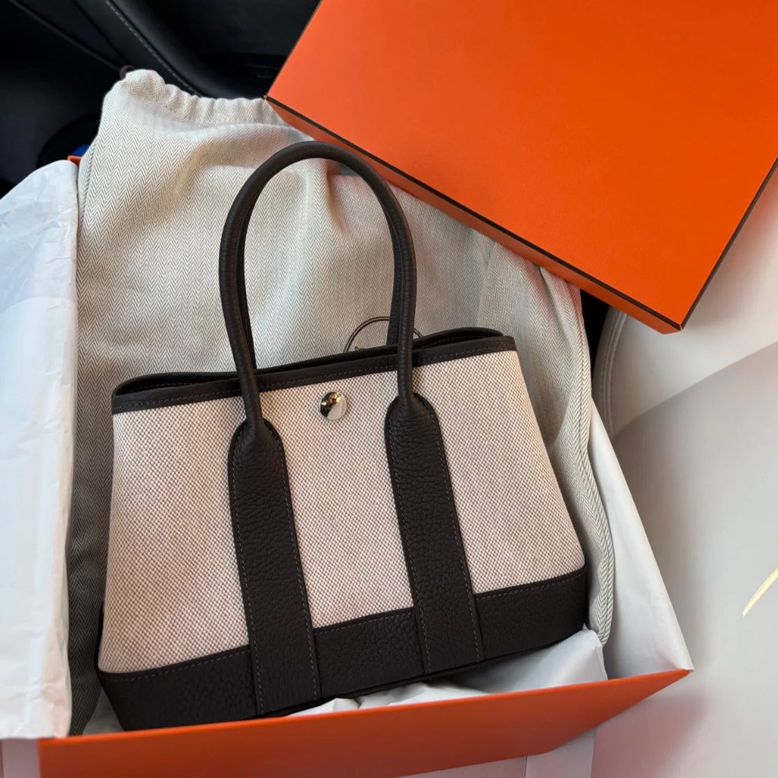 全新未使用 Hermes/爱马仕 小花6欢 花园包 mini23浅米拼乌木K刻 