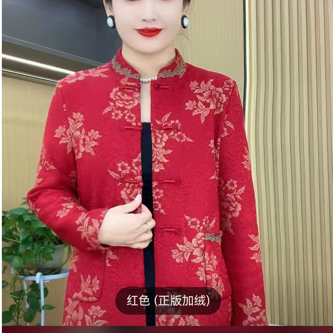 秋冬时尚立体牡丹花加绒开衫气质妈妈装中式