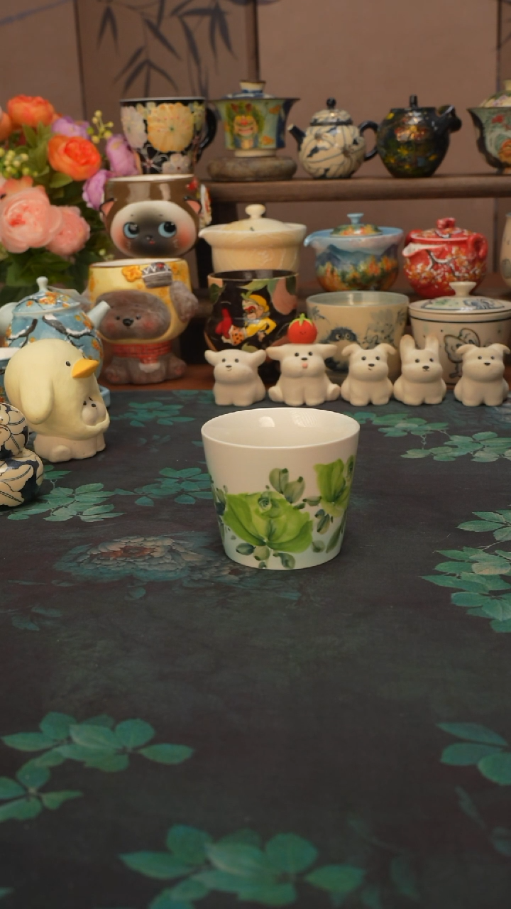 手绘  绿玫瑰猪口杯