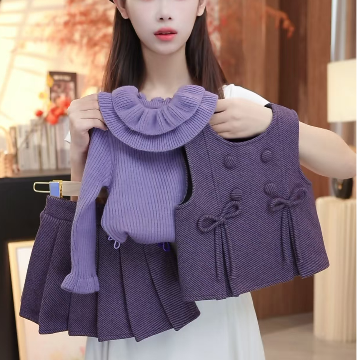 Y4【悦禾】儿童萌娃冬装紫色百搭冬款女童时尚洋气裙子套装6633