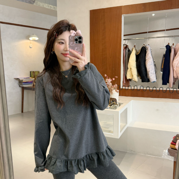 Berry 喜你而欢大庞定制 大版花边盖pp长袖T恤女灰色宽松显瘦上衣