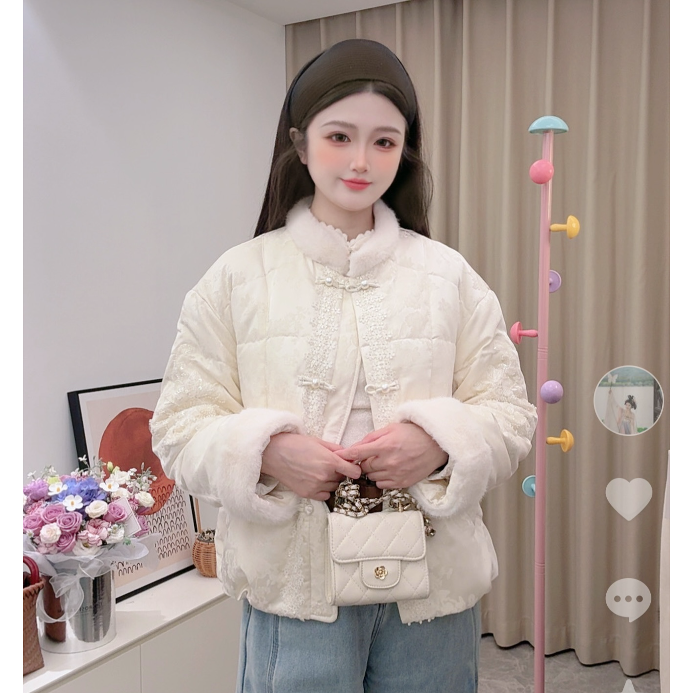 umi专属2025新款国风盘扣白鸭羽绒服女气质百搭保暖外套亮片袖毛