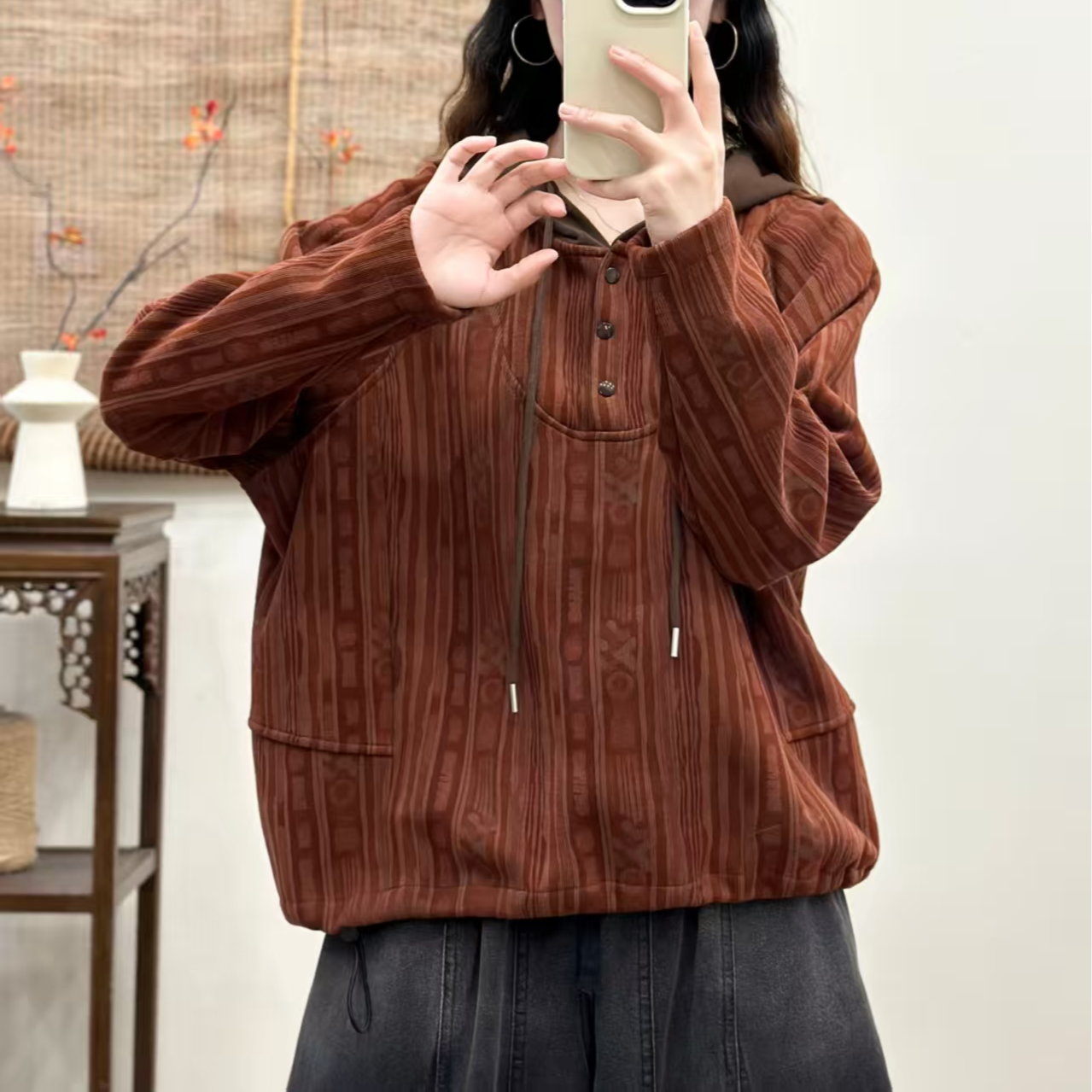 16925新款秋冬加绒休闲减龄宽松显瘦印花连帽卫衣